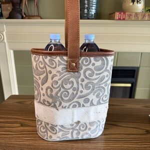 Myra Bag Double Wine Bag-Cotton and Leather Cowhide Trim-Cream w/Grey Swirls